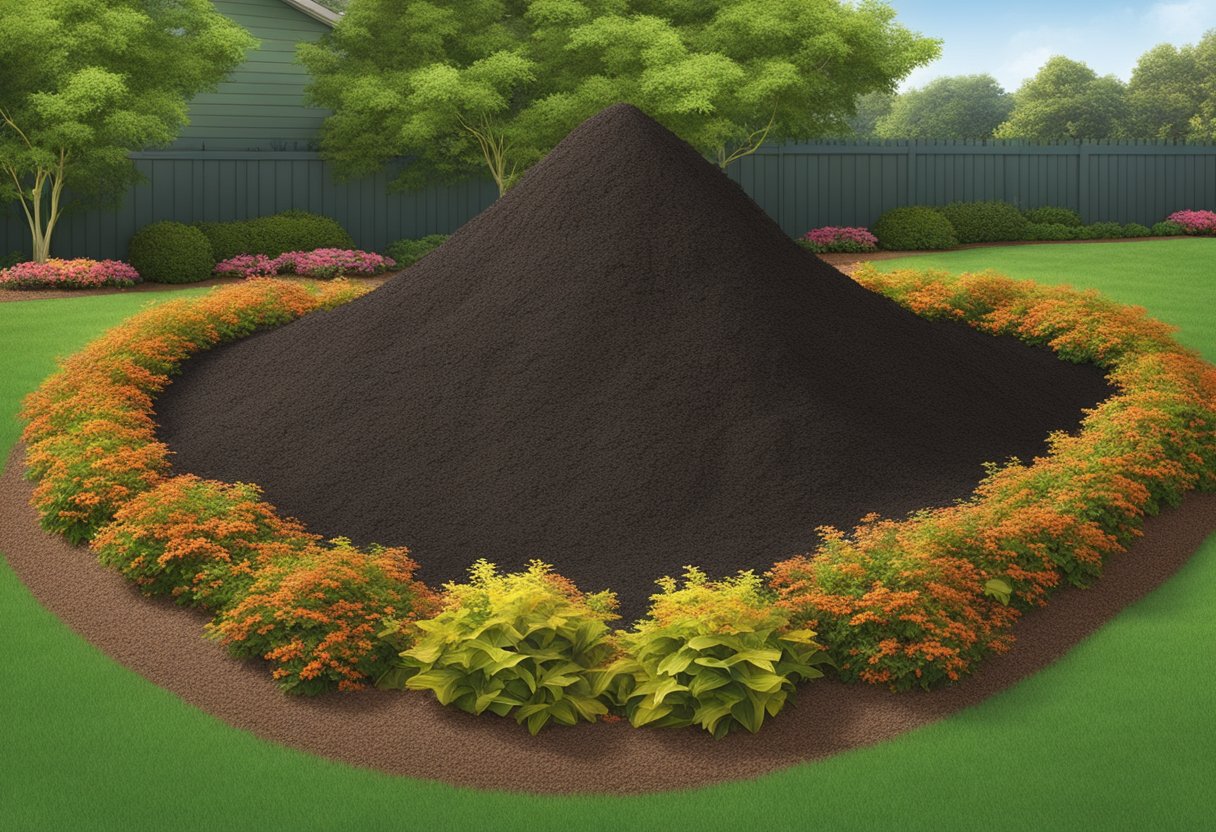 A pile of mulch erupting from a garden bed, forming a volcano-like shape with layers of mulch cascading down the sides
