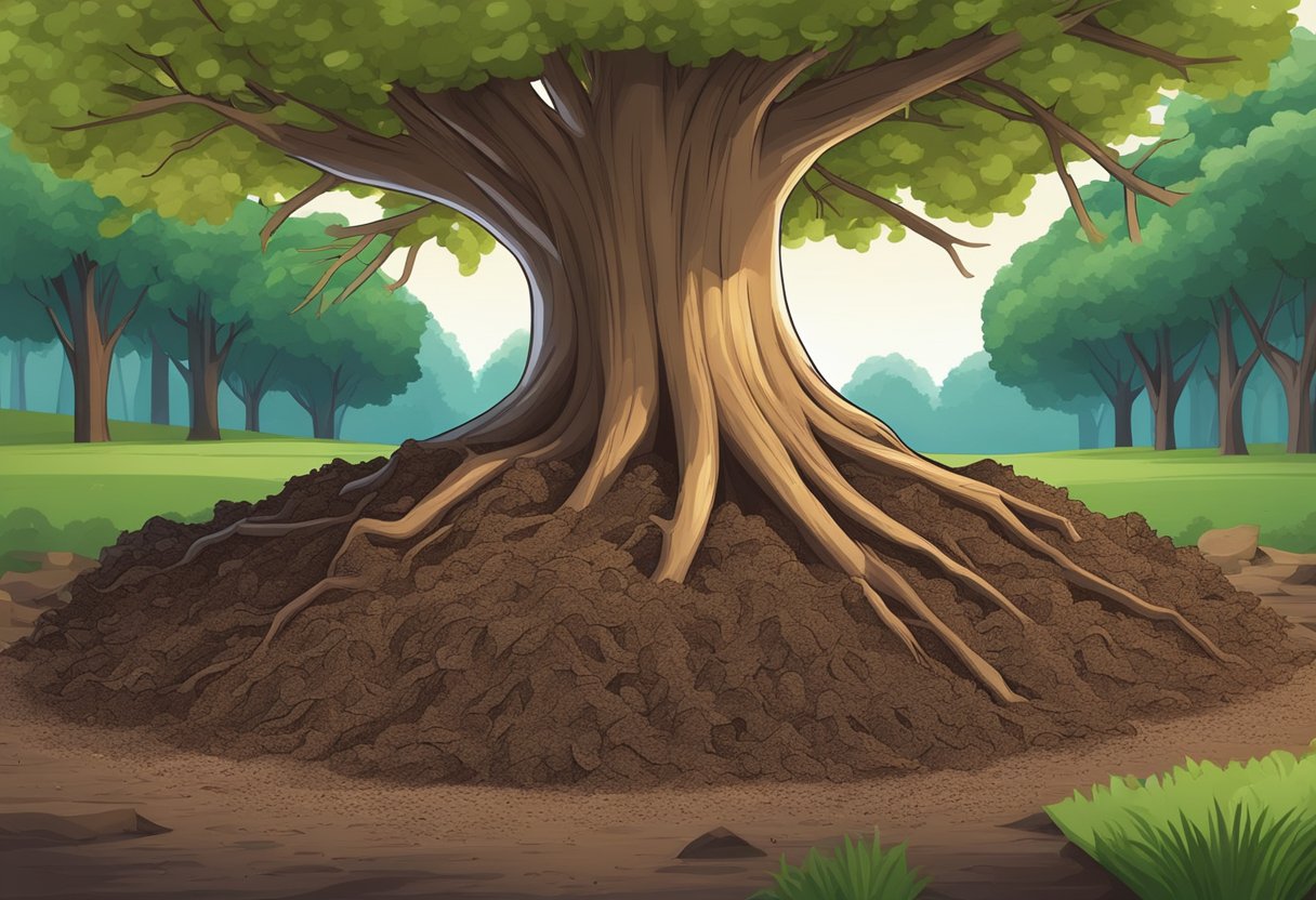 A tree surrounded by a mulch volcano, with a thick layer of mulch piled up against the trunk, leaving space between the mulch and the tree's base