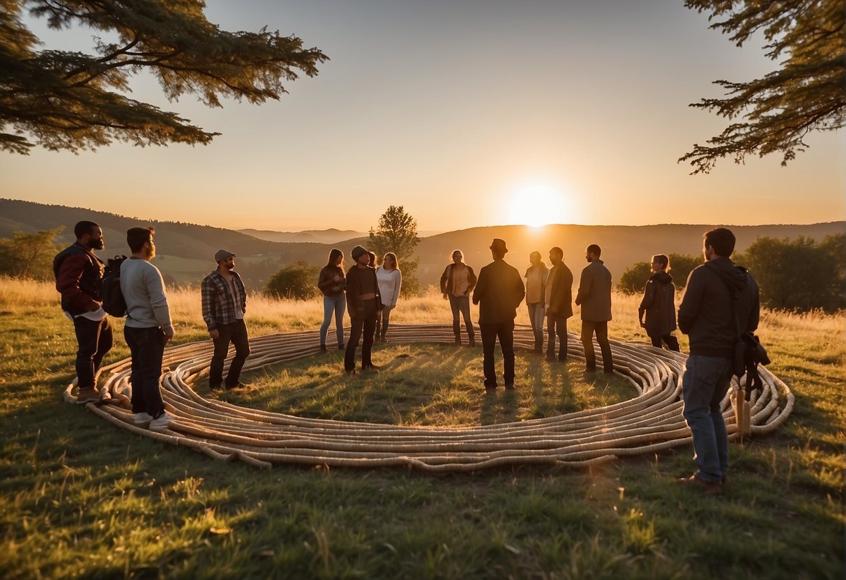 A group of people construct a yurt with wooden poles, canvas, and rope, all under a budget of $1,000. The circular structure stands in a grassy field, with the sun setting in the background