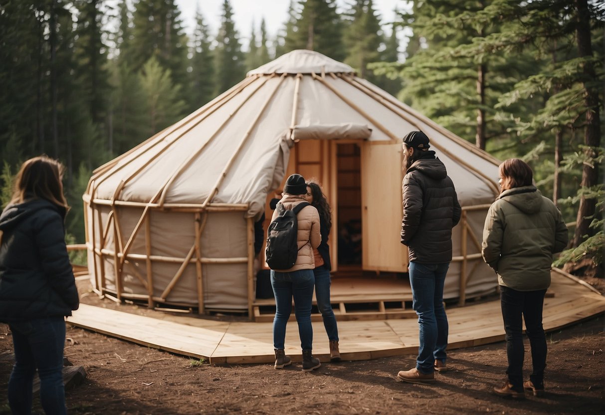 A group of people construct a yurt using affordable materials in a scenic, natural setting