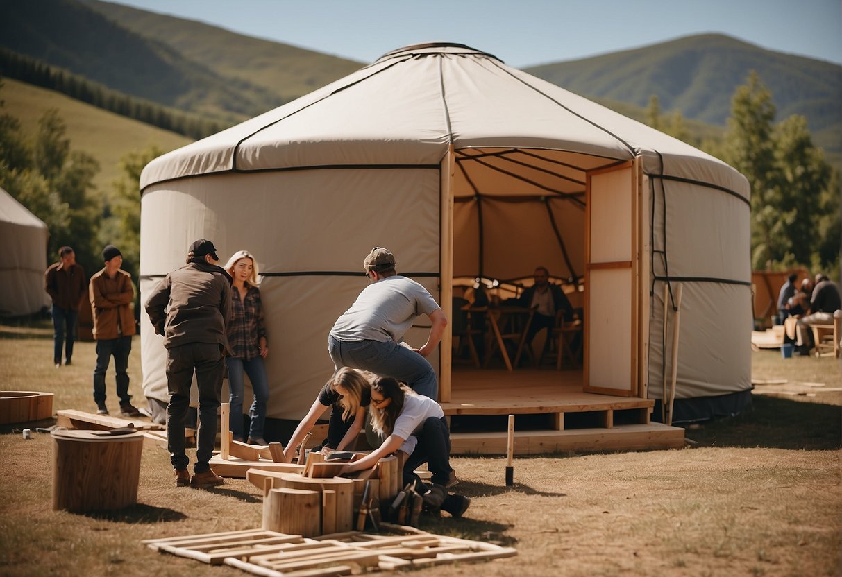 A group of people construct a yurt using affordable materials, with tools and instructions laid out in front of them