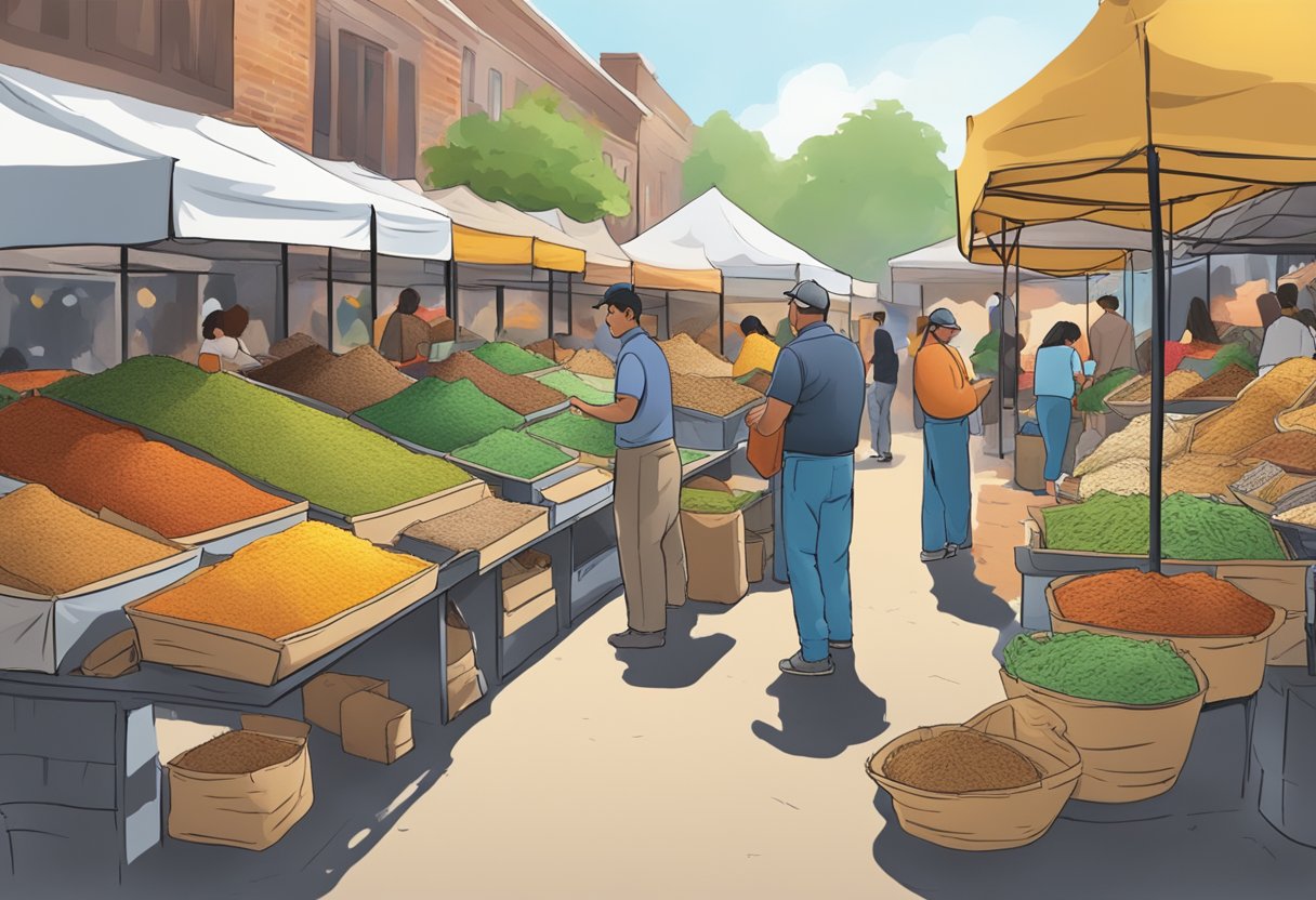 A bustling outdoor market with colorful displays of mulch bags, customers browsing and a vendor assisting a customer with a purchase