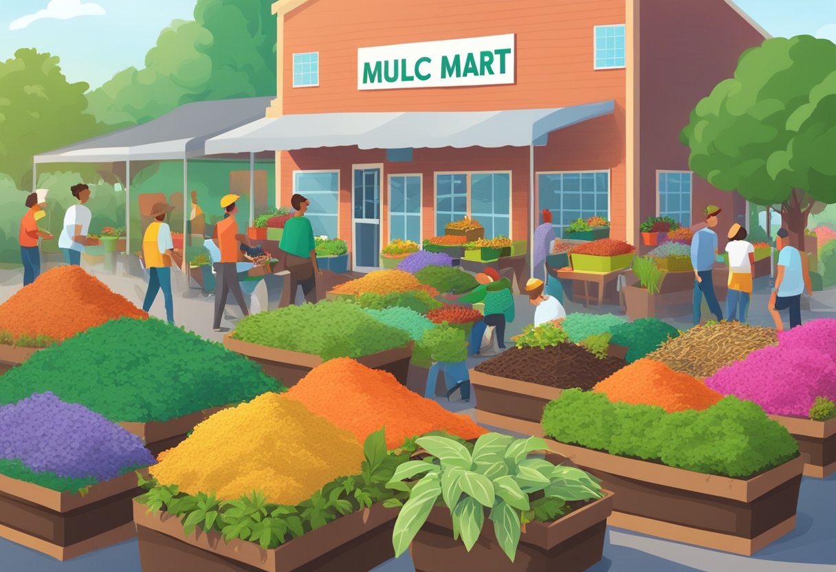 A bustling Mulch Mart, with colorful stacks of mulch and gardening supplies, surrounded by eager customers and vibrant greenery