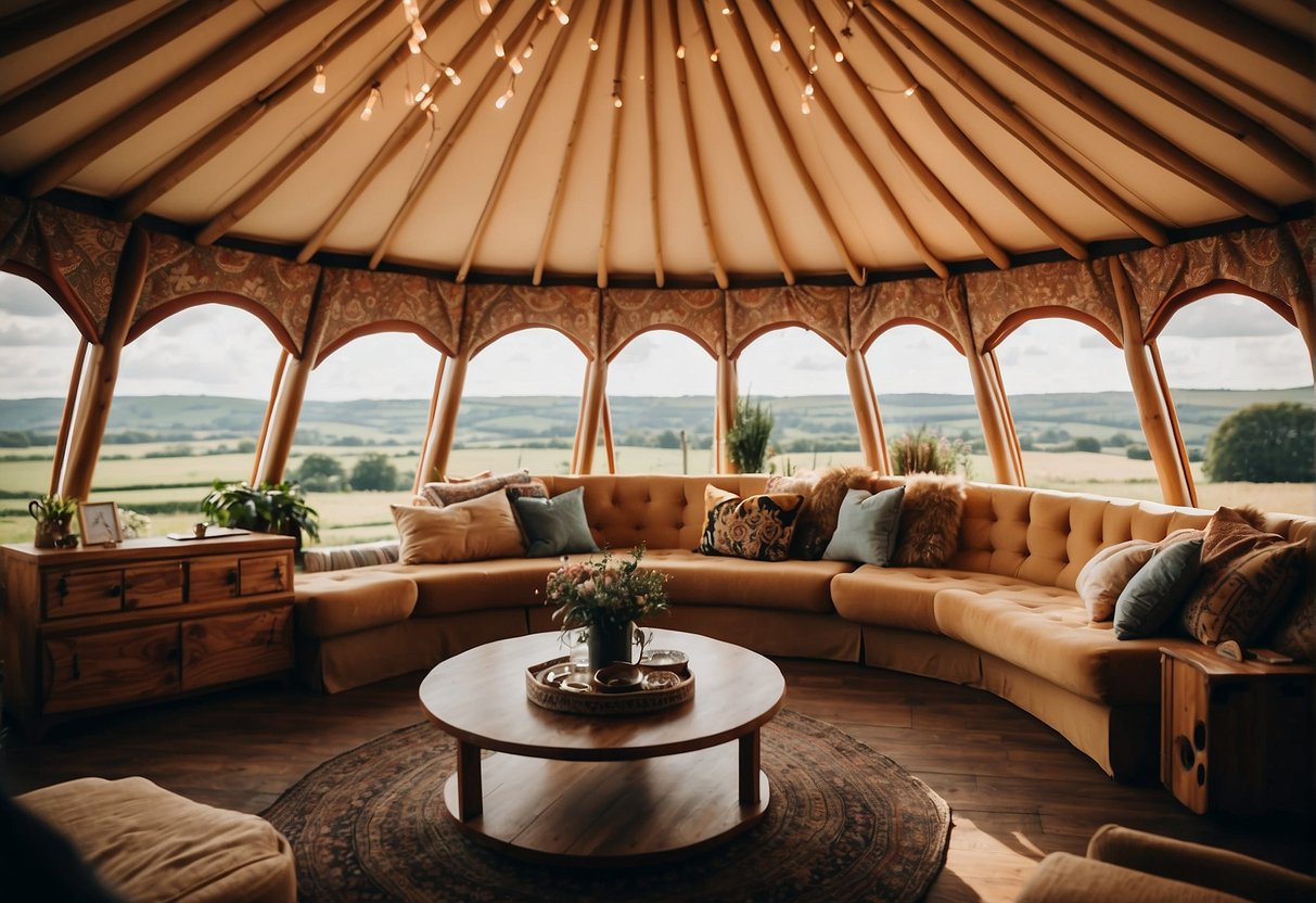A luxurious yurt at Glastonbury, with ornate furnishings and a view of the festival grounds