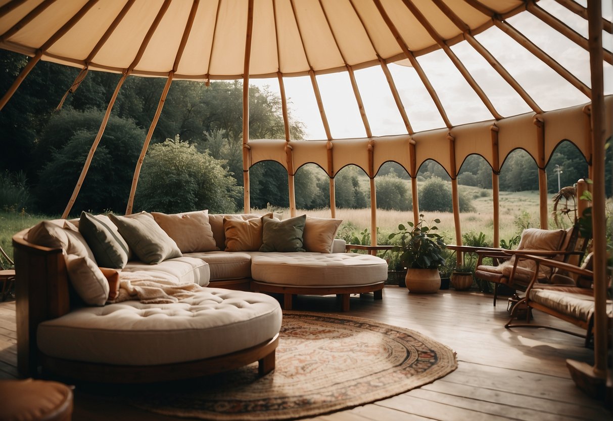 A luxurious yurt stands in a lush Glastonbury setting, adorned with elegant furnishings and surrounded by nature's tranquility