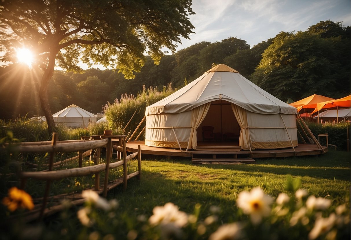 A luxurious yurt sits amidst the vibrant Glastonbury festival grounds, surrounded by lush greenery and colorful tents. The sun sets in the distance, casting a warm glow over the serene scene