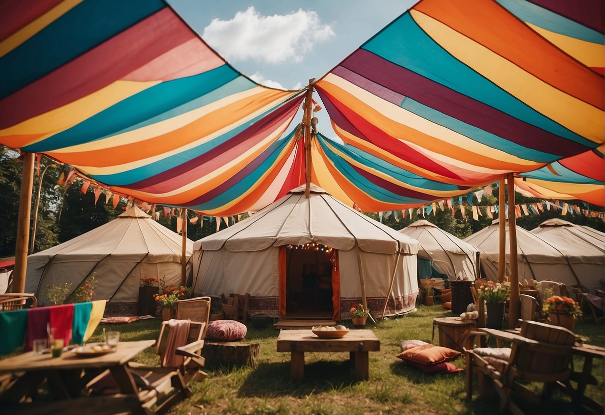A luxury yurt sits amidst the vibrant atmosphere of Glastonbury, with colorful flags fluttering in the breeze and a bustling crowd in the background