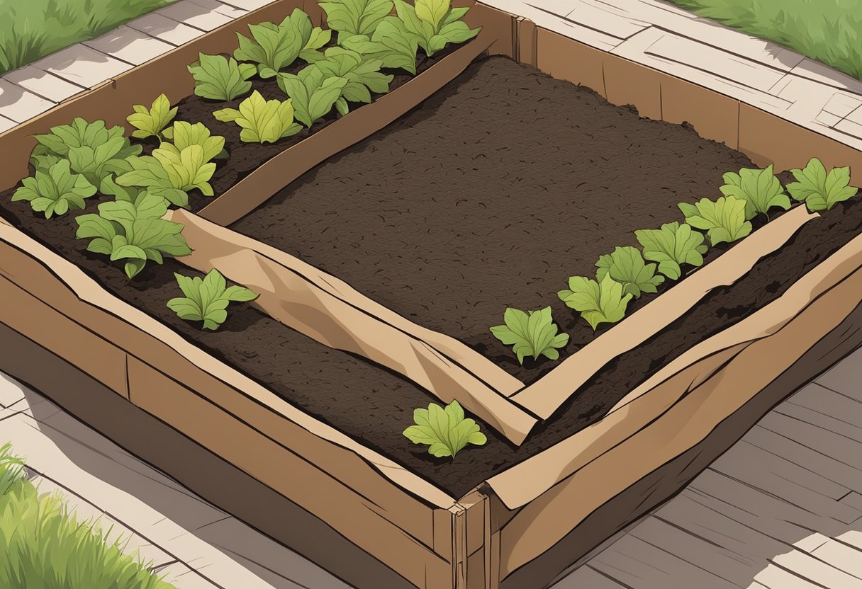 A garden bed covered in layers of cardboard, compost, and mulch, demonstrating the process of sheet mulching