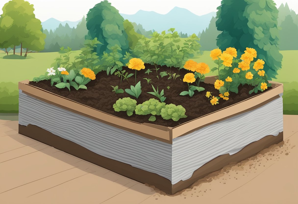 A garden bed covered with layers of cardboard, compost, and mulch, preventing weeds and retaining moisture