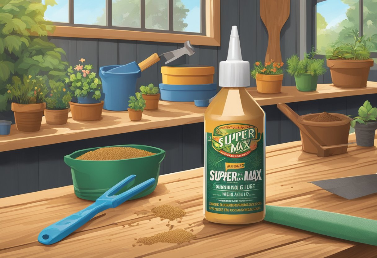 A bottle of Super Max Mulch Glue sits on a wooden workbench, surrounded by gardening tools and a pile of freshly cut mulch. The label on the bottle features bold, eye-catching lettering