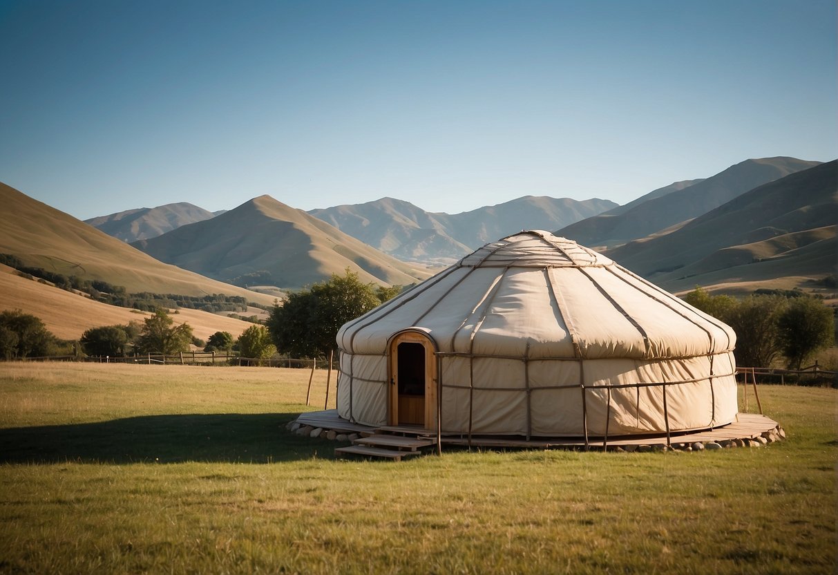 A yurt stands in a serene landscape, surrounded by rolling hills and a clear blue sky. The sunlight casts a warm glow on the traditional dwelling, showcasing its unique design and natural beauty