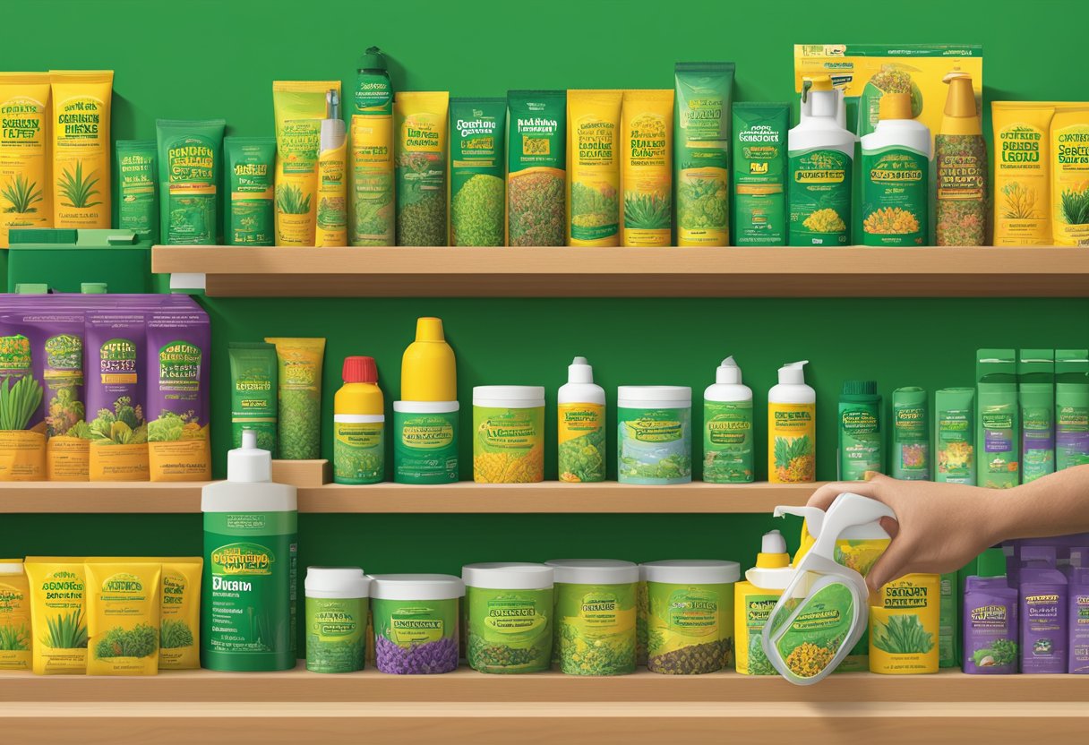 A hand reaches for a tube of Super Max Mulch Glue on a hardware store shelf, surrounded by various gardening and landscaping products. The packaging prominently displays the product name and features a vibrant green and yellow color scheme