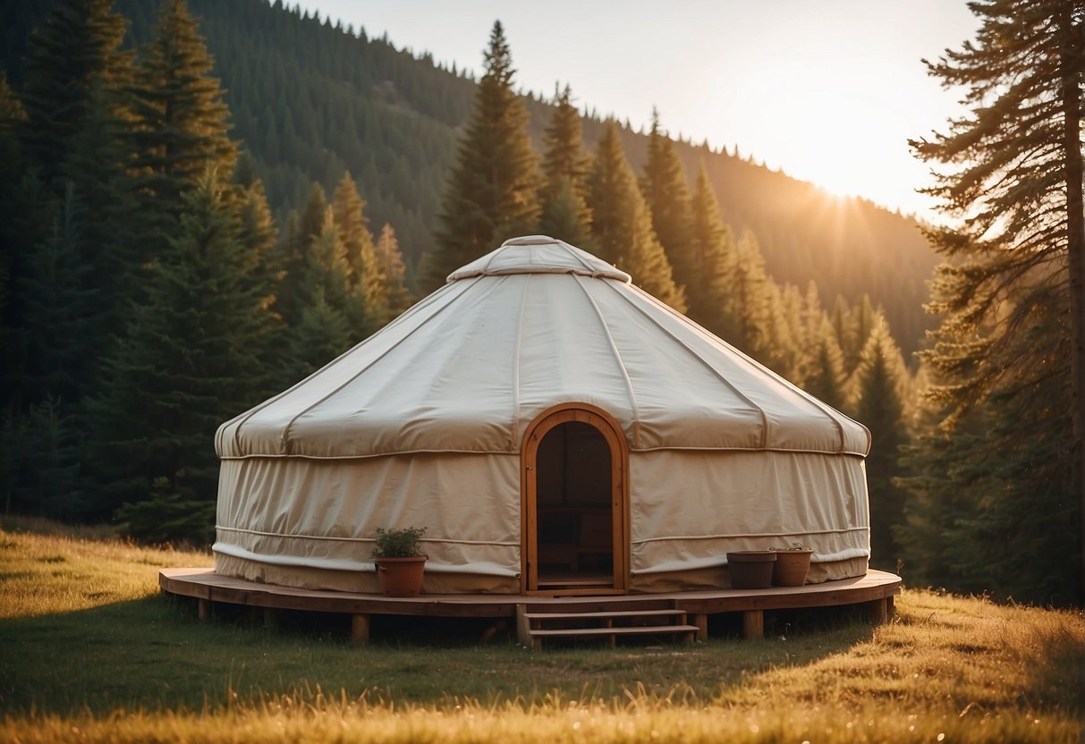A yurt sits in a serene landscape, surrounded by nature. The sun shines overhead, casting a warm glow on the traditional dwelling