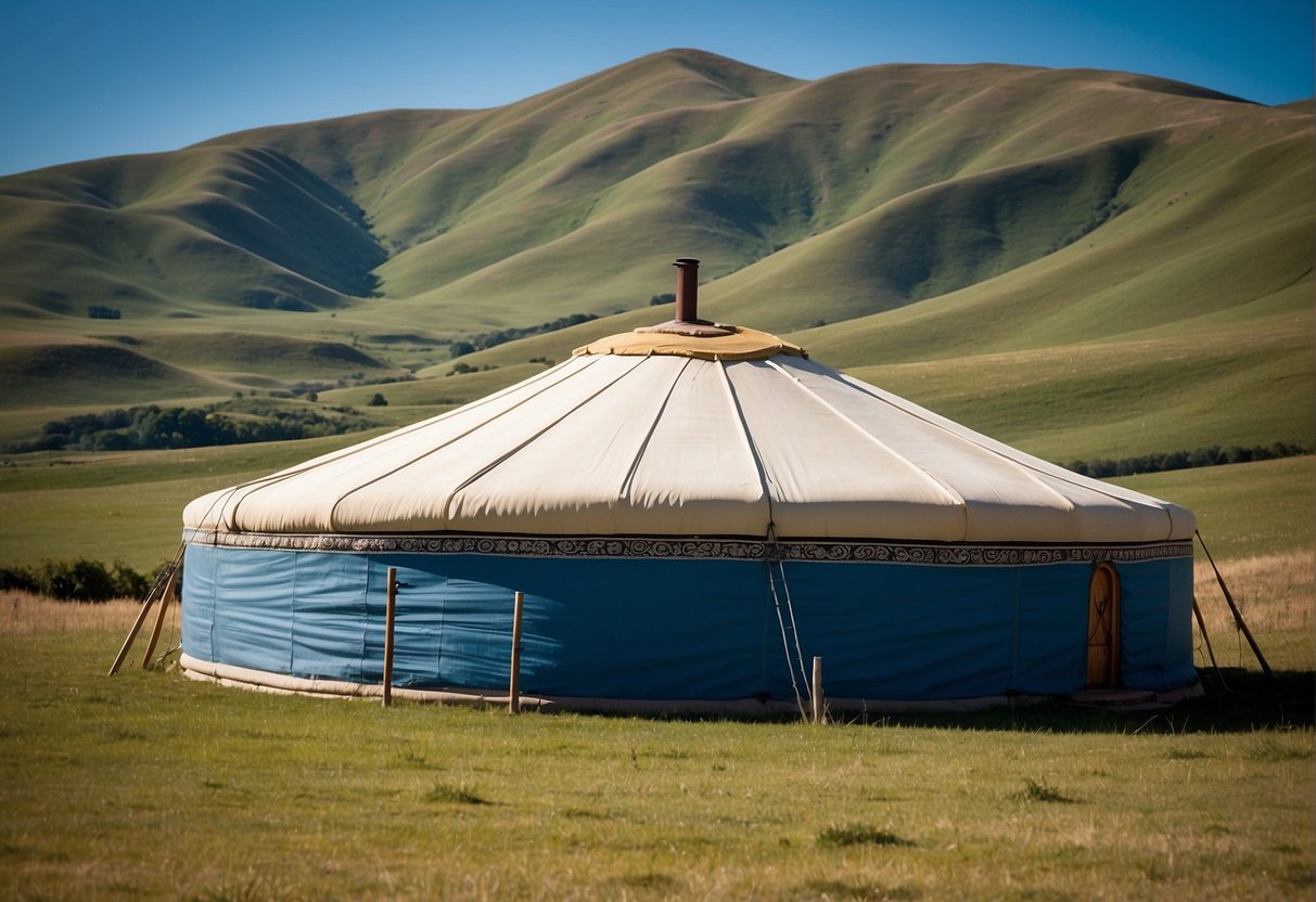 A yurt surrounded by rolling hills, with a clear blue sky above. A sign nearby reads "Average Cost of a Yurt" with a dollar amount displayed