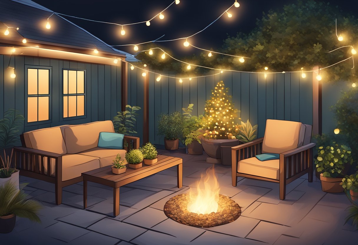 A cozy backyard patio with mulch flooring, surrounded by potted plants and comfortable seating, illuminated by string lights and a warm fire pit