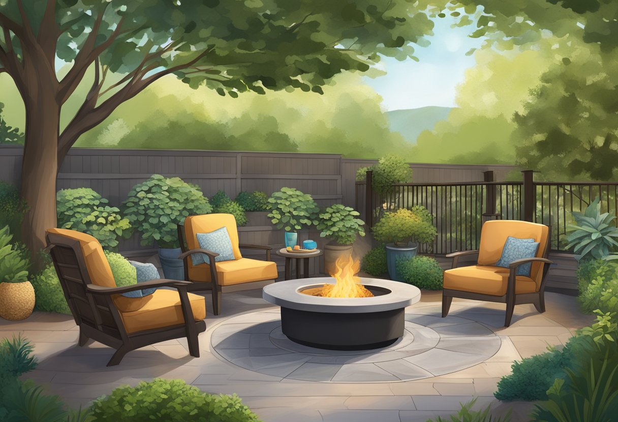 A cozy outdoor space with mulch patio, surrounded by lush greenery, accented with comfortable seating and a fire pit for cozy gatherings