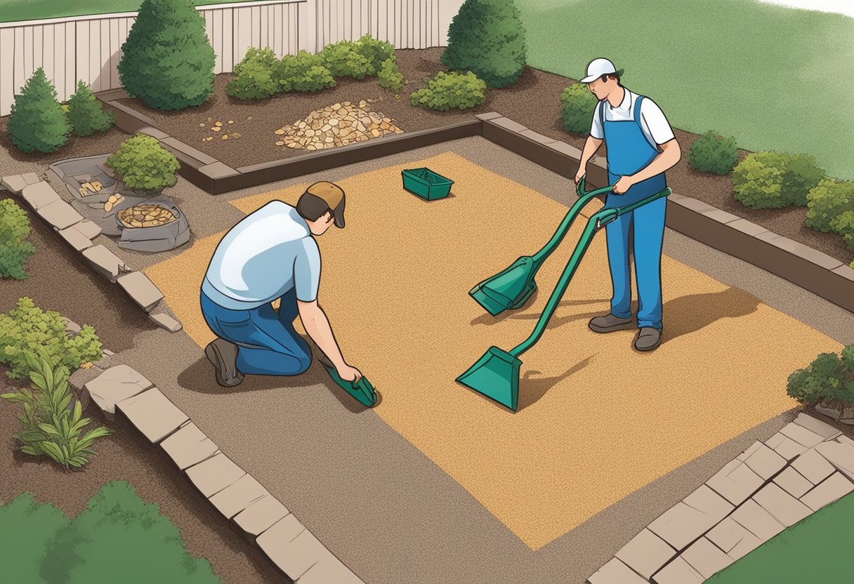 A person lays out various materials for a mulch patio, including gravel, stones, and wood chips. They also consider maintenance strategies such as weed barriers and edging