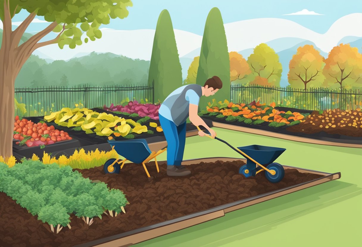 Cedar mulch is spread around rows of vegetables in a garden. A gardener selects and applies the mulch using a shovel and wheelbarrow