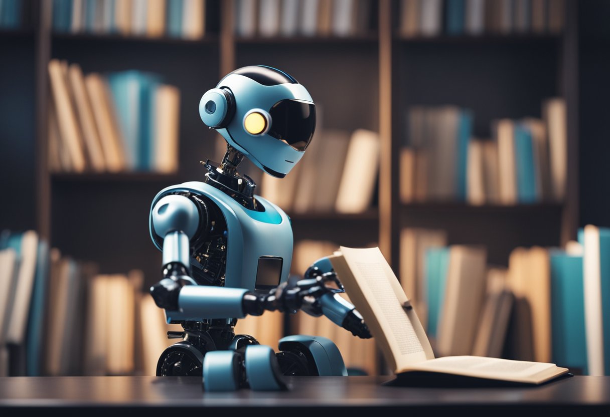 AI and Automation: AI is a robot reading a book, while Automation is a robot turning a lever