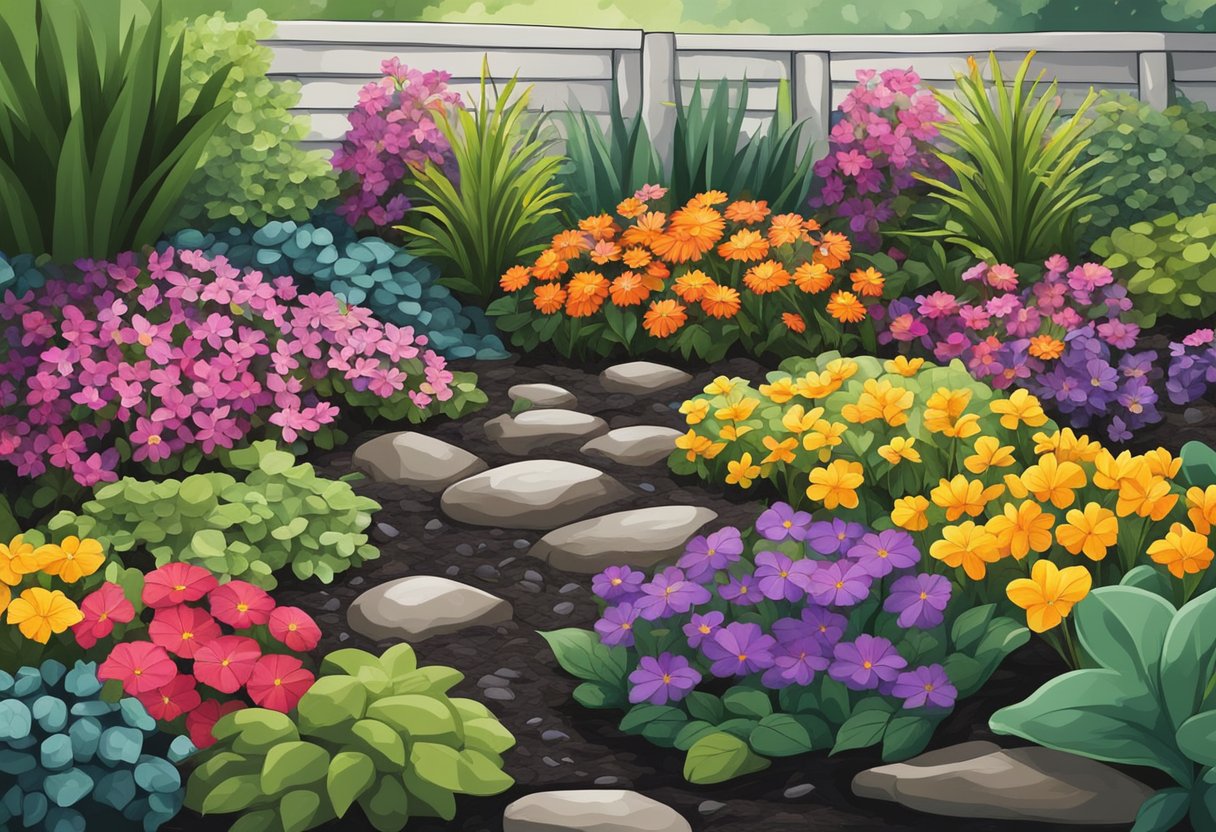 Colorful flowers planted in a bed of dark mulch, surrounded by green leaves and small rocks
