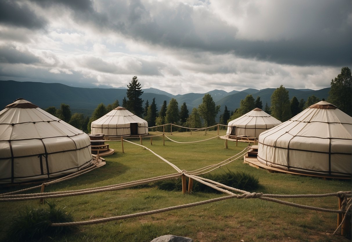 Yurts withstand storm with anchored ropes and sturdy frames