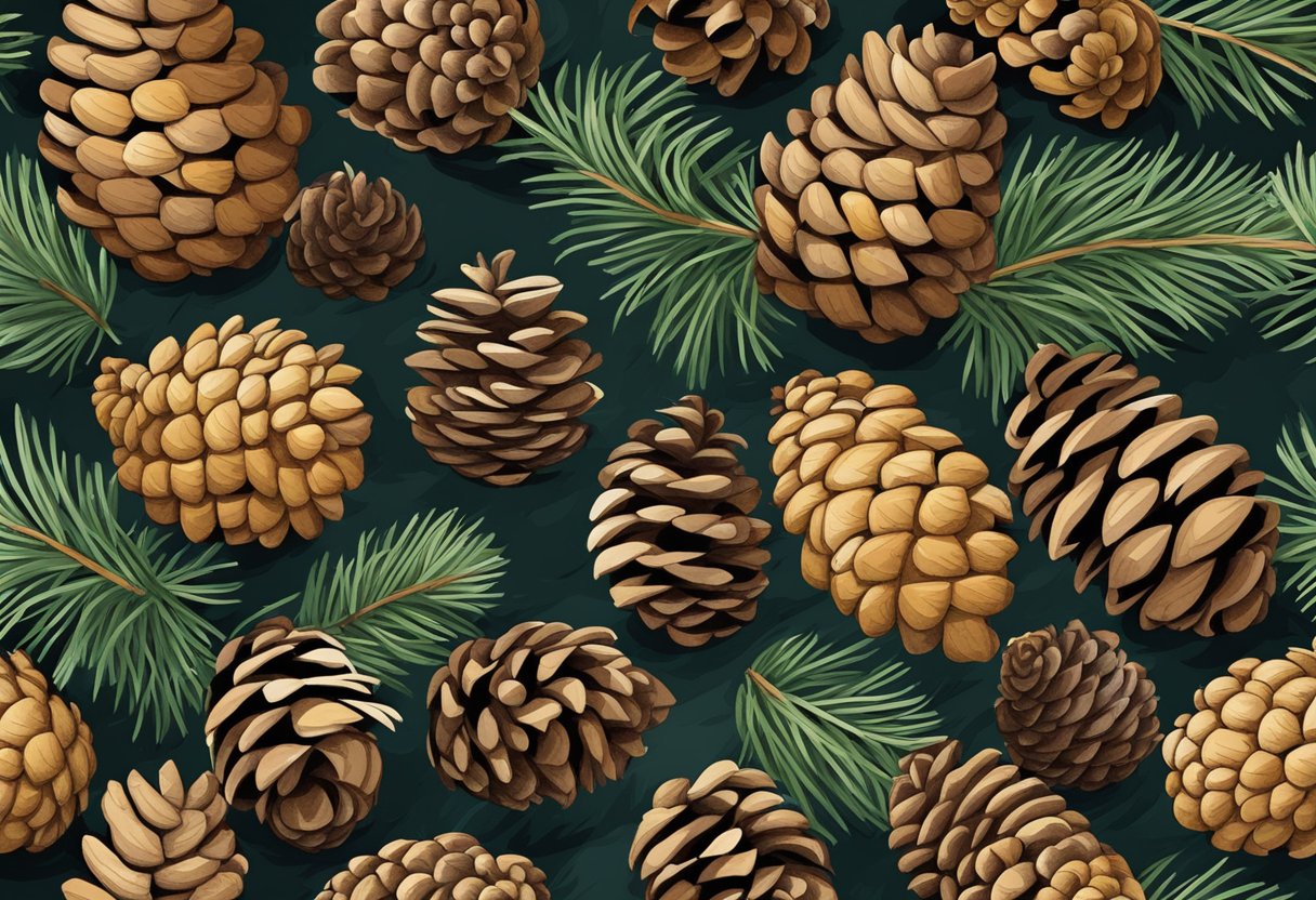 Pine cones cover the ground as mulch, creating a natural and textured surface