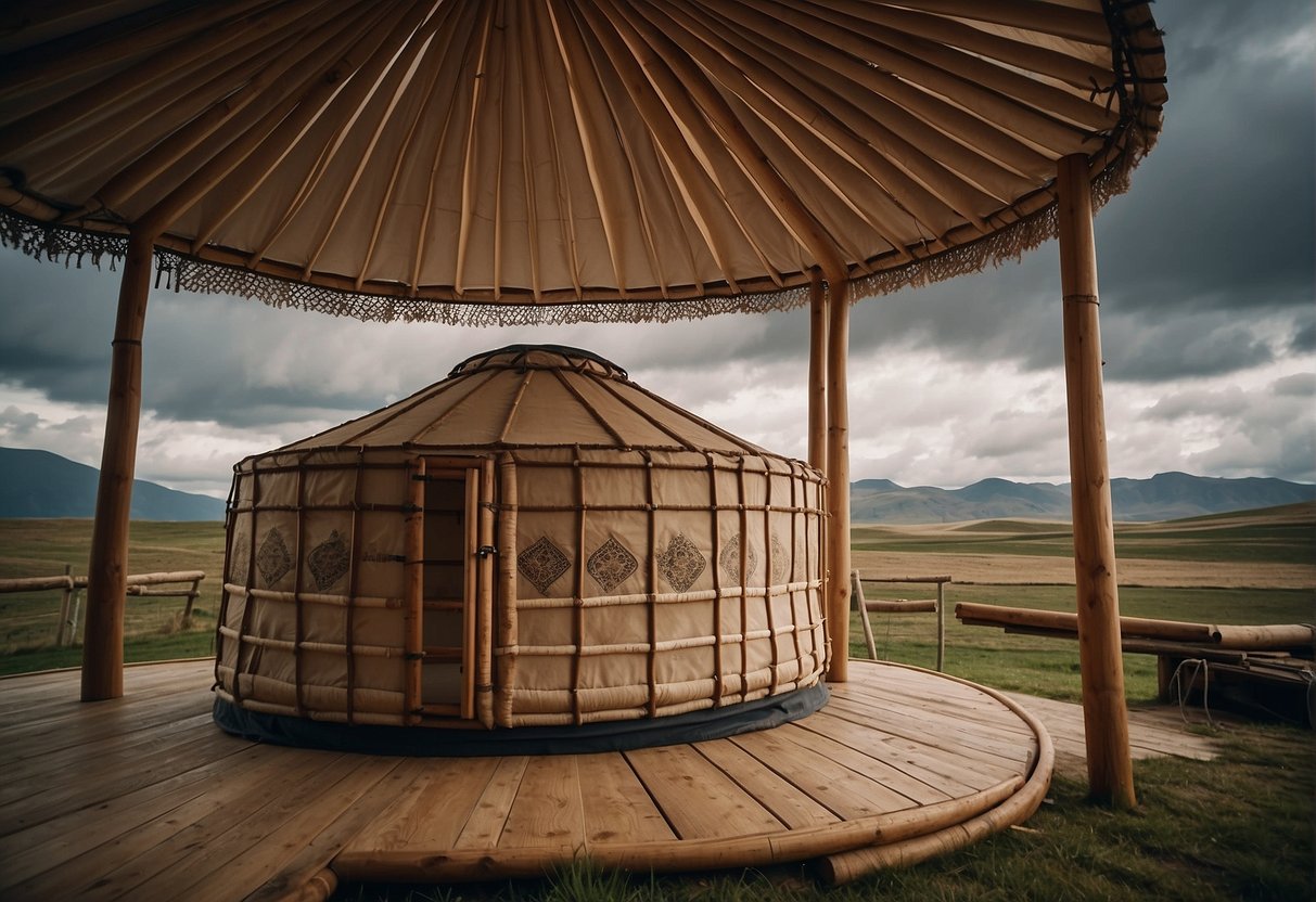A sturdy yurt stands against a stormy sky, with its circular structure and lattice walls providing stability and safety