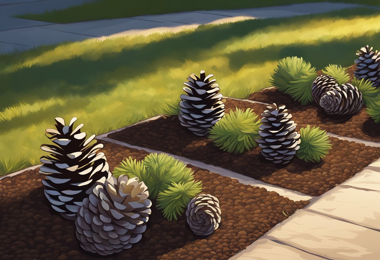 Pine cones scattered around garden beds, covering the soil as mulch. Some cones are open, revealing their seeds. Sunlight filters through the trees, casting dappled shadows on the ground
