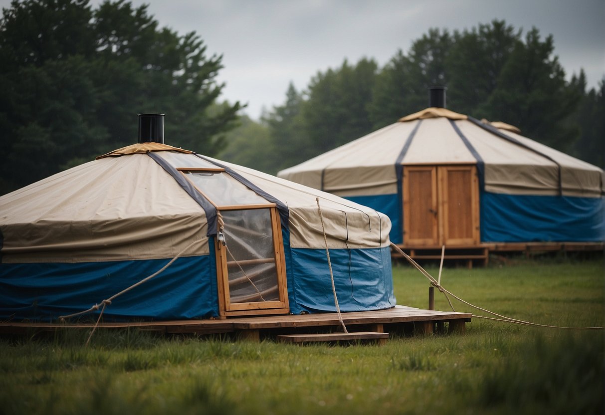 Yurts anchored securely withstand a storm. Ropes and stakes secure the structure. Rain flies and storm flaps provide additional protection
