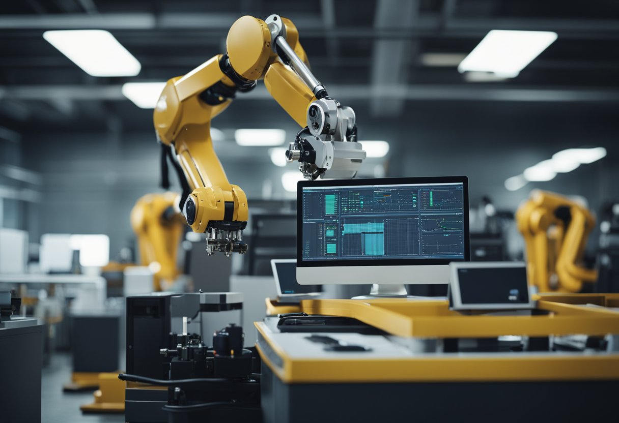 A robot arm working on a production line, while a computer analyzes data in a small business office