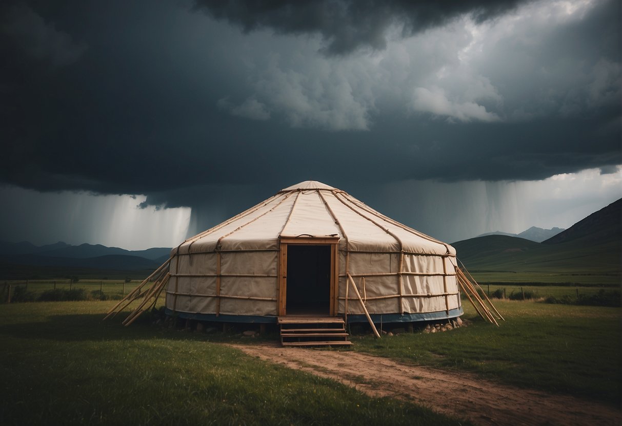 A sturdy yurt withstands a powerful storm, with rain and wind battering its walls. The structure remains intact, proving its safety in severe weather conditions