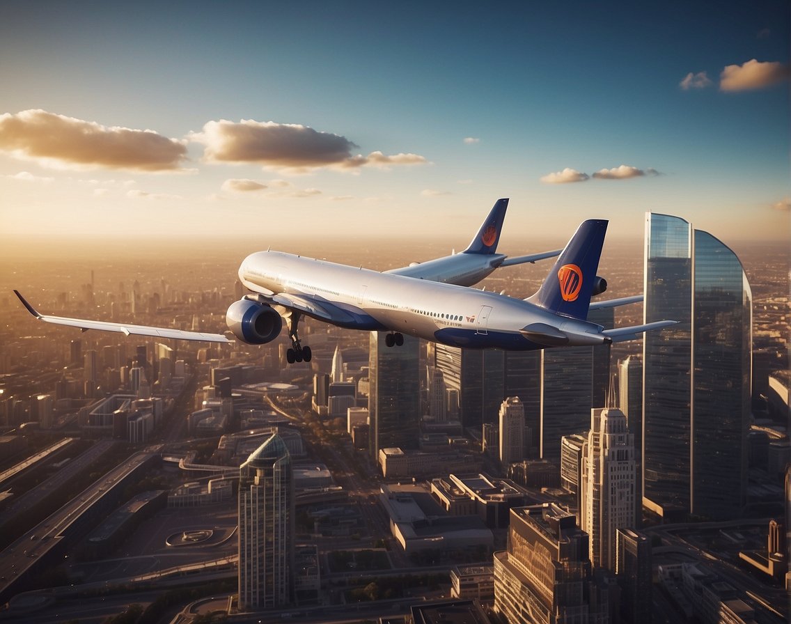Major airlines advertise cheap flights from London, with airplanes flying over the city skyline