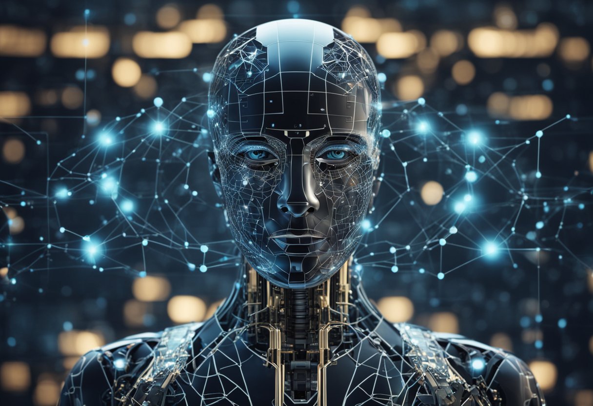 AI and automation merge in a digital landscape, symbolized by interconnected lines and nodes, representing seamless integration into workflows