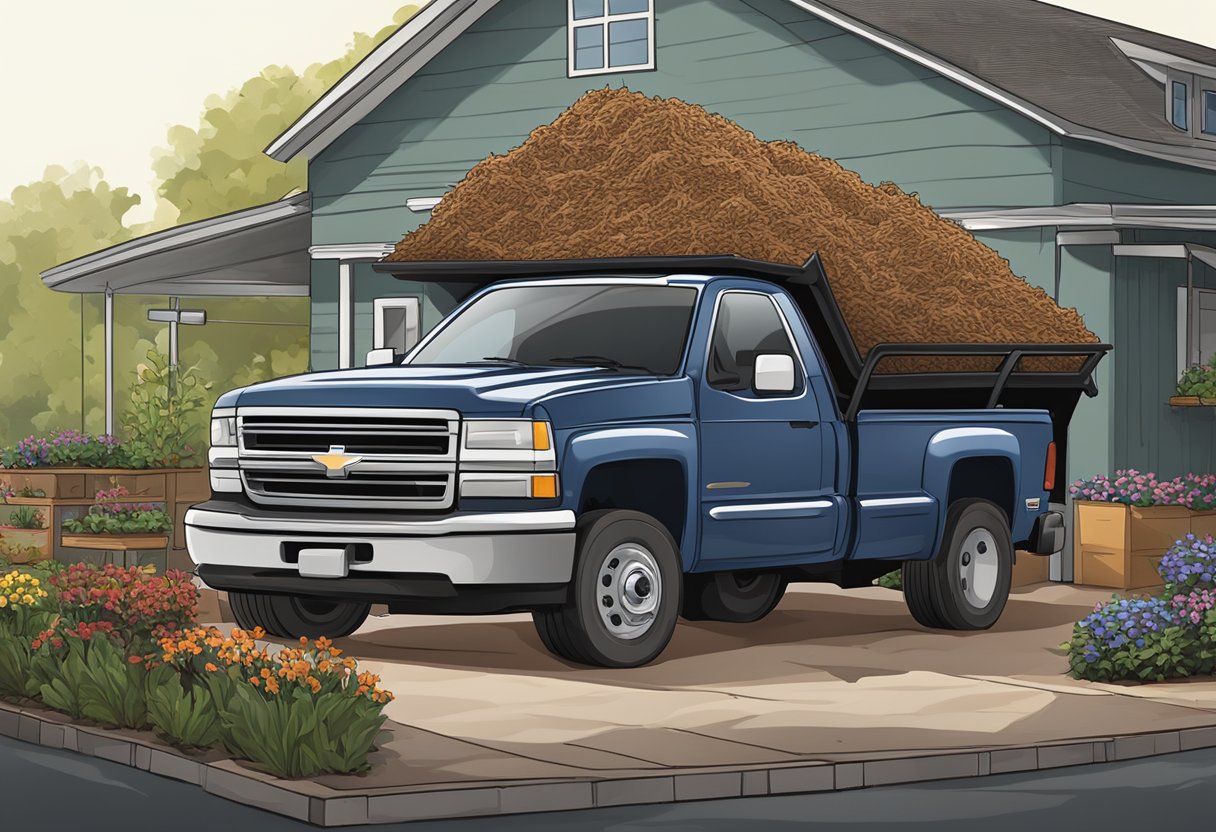 A truck filled with mulch is parked at a garden supply store. The bed is overflowing with dark, rich mulch, and a price sign is visible on the side of the truck