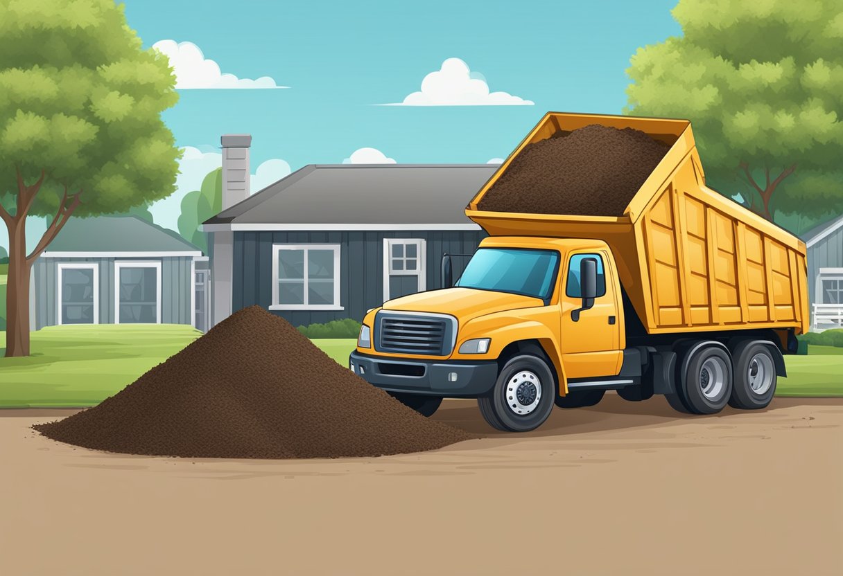 A truck filled with mulch is parked in a yard. A scale and calculator sit nearby, with a price list for different quantities of mulch