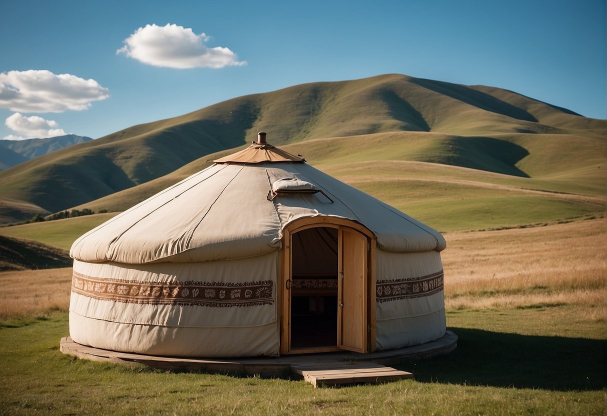 A yurt sits isolated on open land, surrounded by rolling hills and a clear blue sky