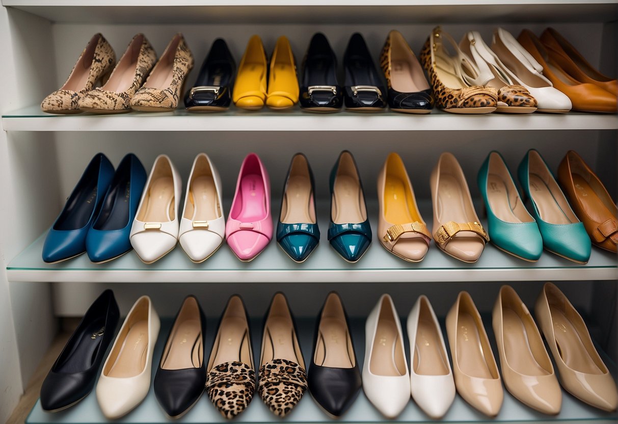 A colorful array of women's flat shoes displayed on a sleek, modern shelf. Various styles and sizes are neatly arranged, showcasing the essentials of women's footwear