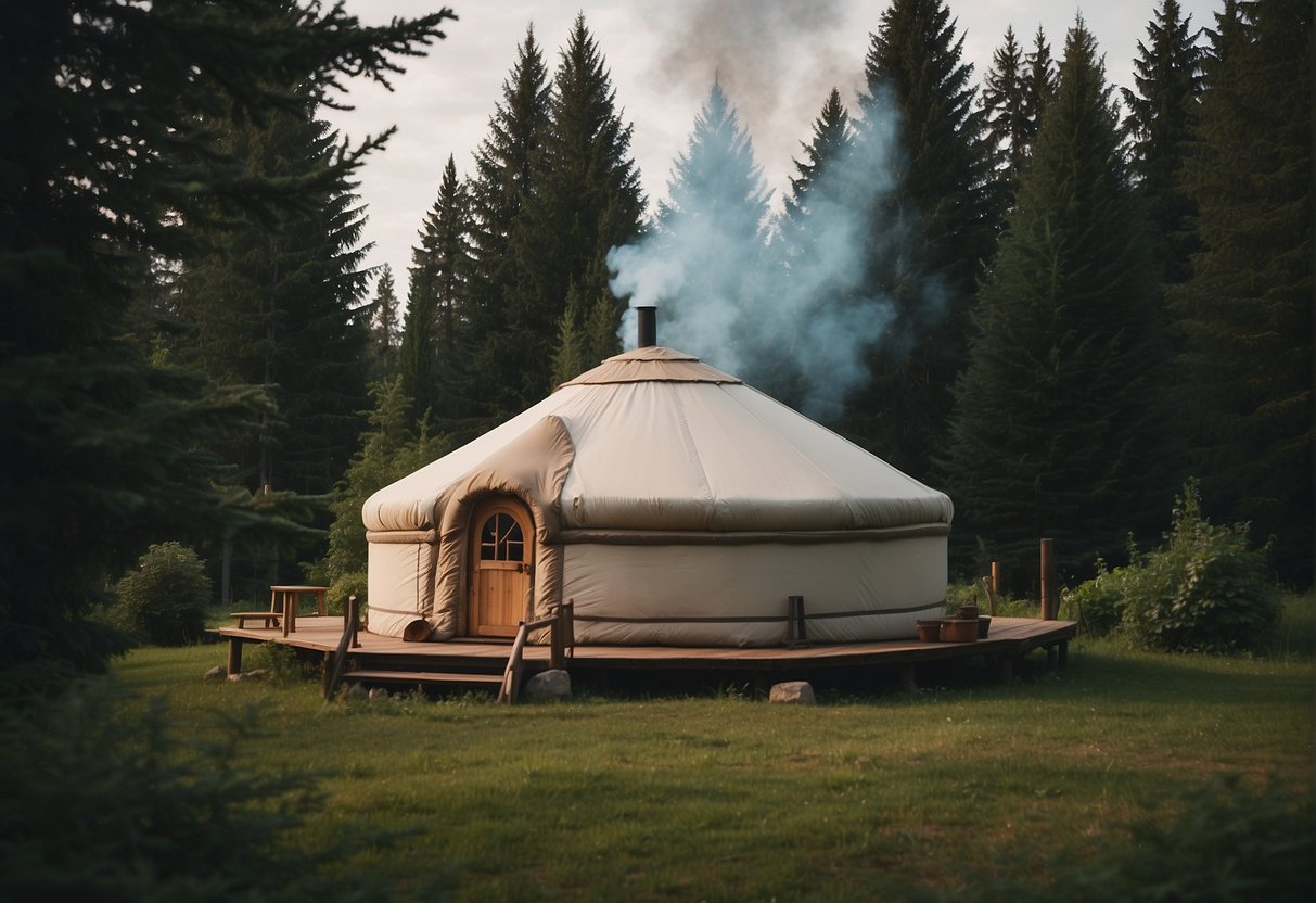 A yurt sits nestled on private land, surrounded by lush greenery and tall trees. Smoke billows from the chimney, indicating a cozy fire inside