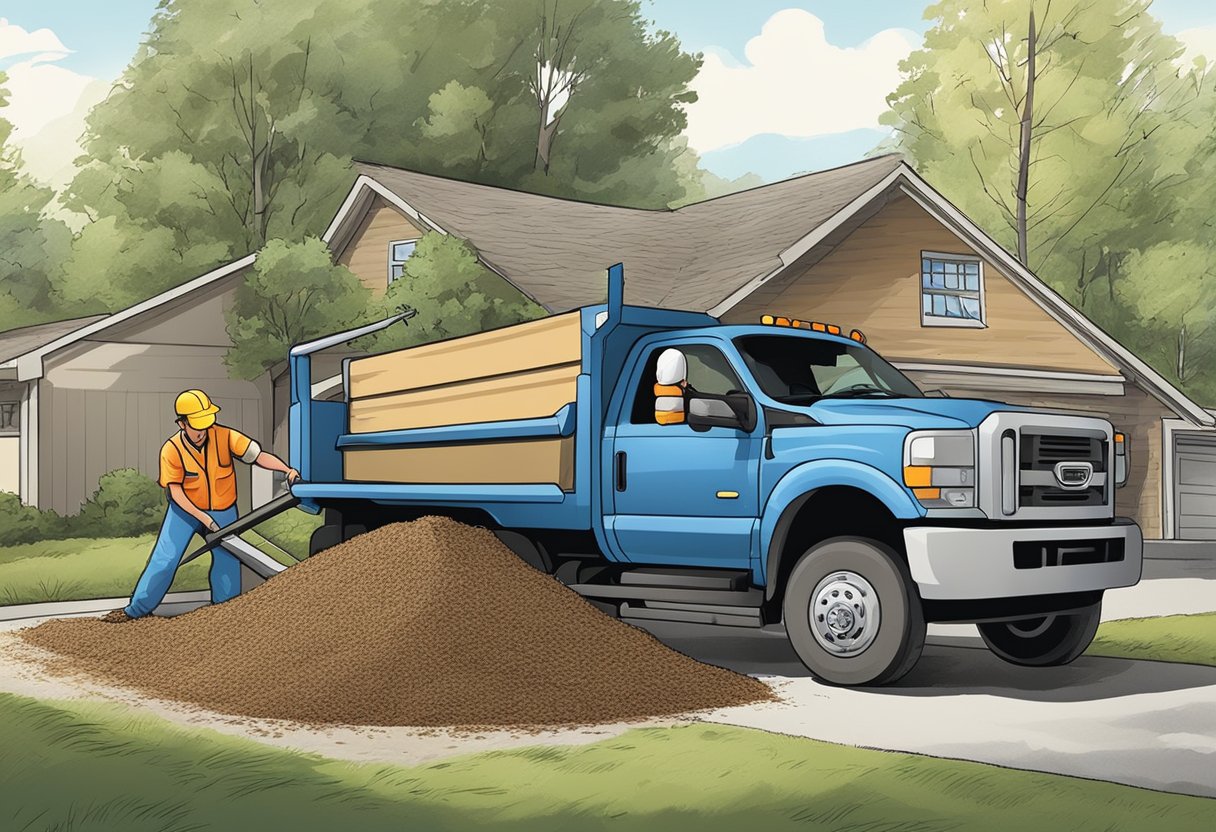 A truck unloads mulch onto a driveway, while workers consider how to efficiently distribute and install it