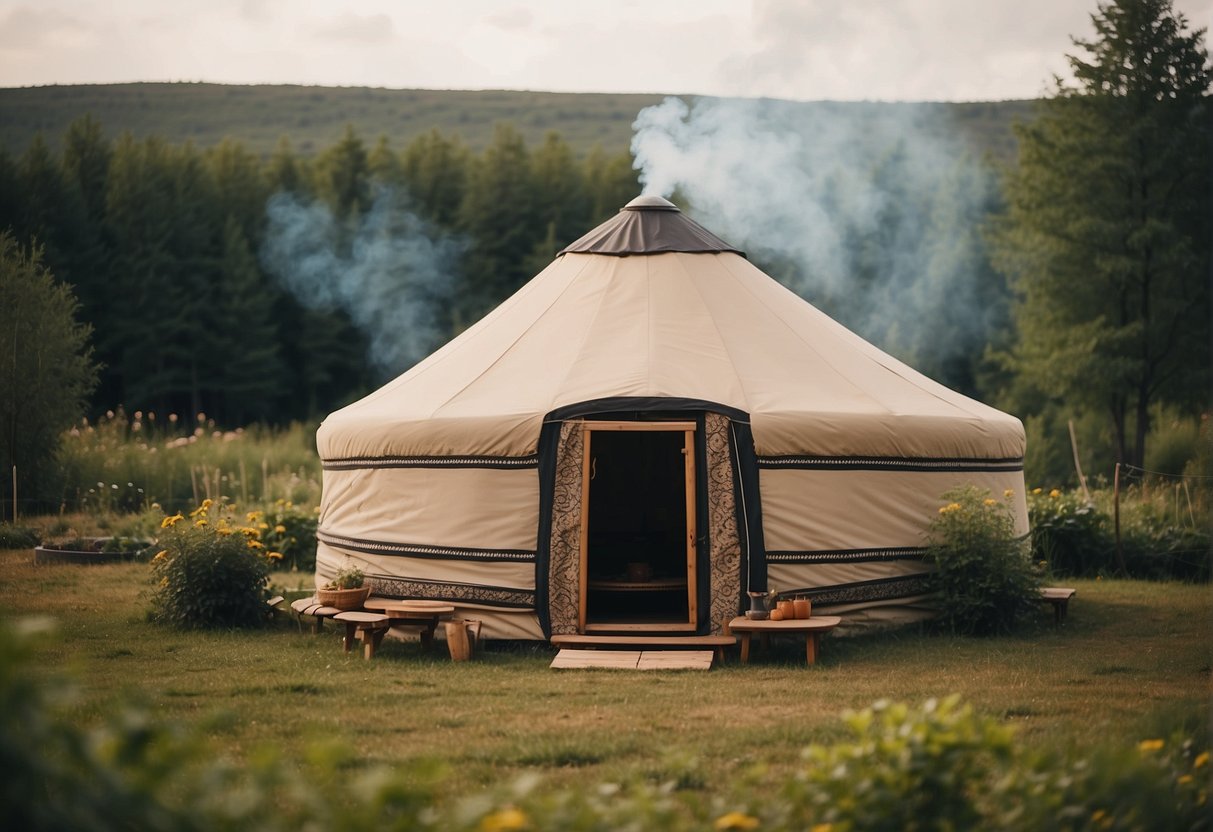 A yurt sits on open land, surrounded by nature. Smoke rises from the chimney, indicating a warm and cozy interior. A small garden and outdoor seating area suggest self-sufficiency and a connection to the land