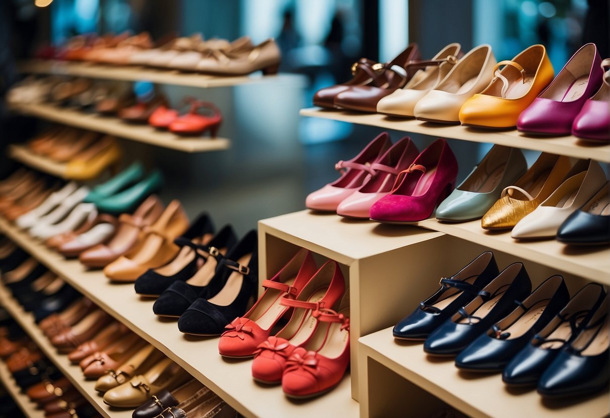 A colorful array of flat shoes arranged neatly on display, showcasing a variety of styles and designs for women