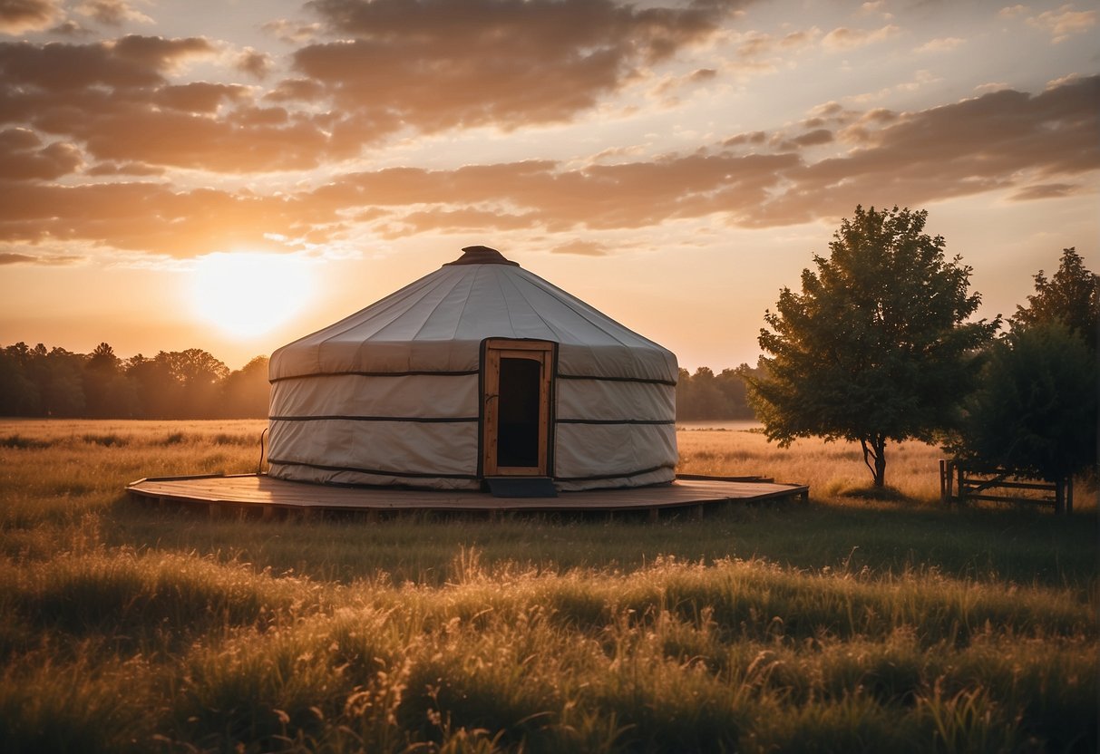 A yurt sits on open land, surrounded by trees. Smoke rises from the chimney as the sun sets in the distance