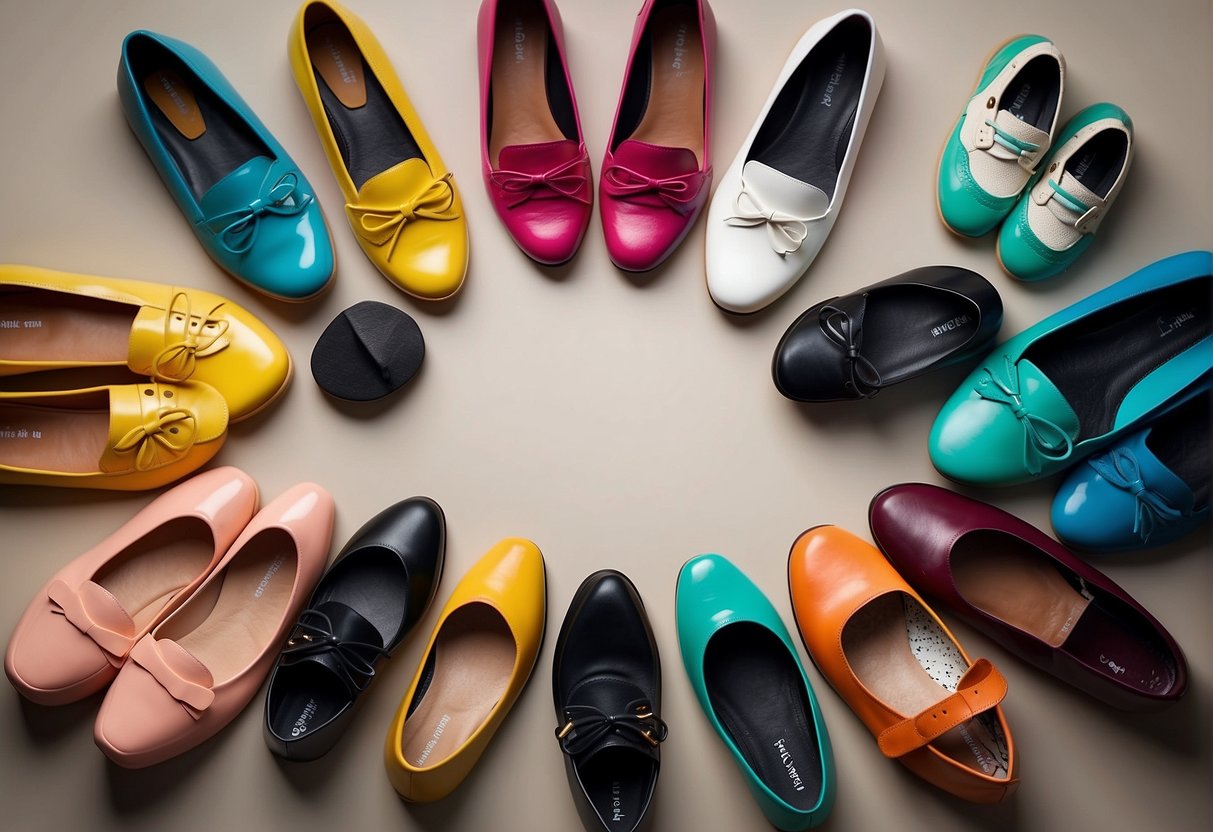 A collection of colorful and stylish flat shoes arranged next to coordinating outfits