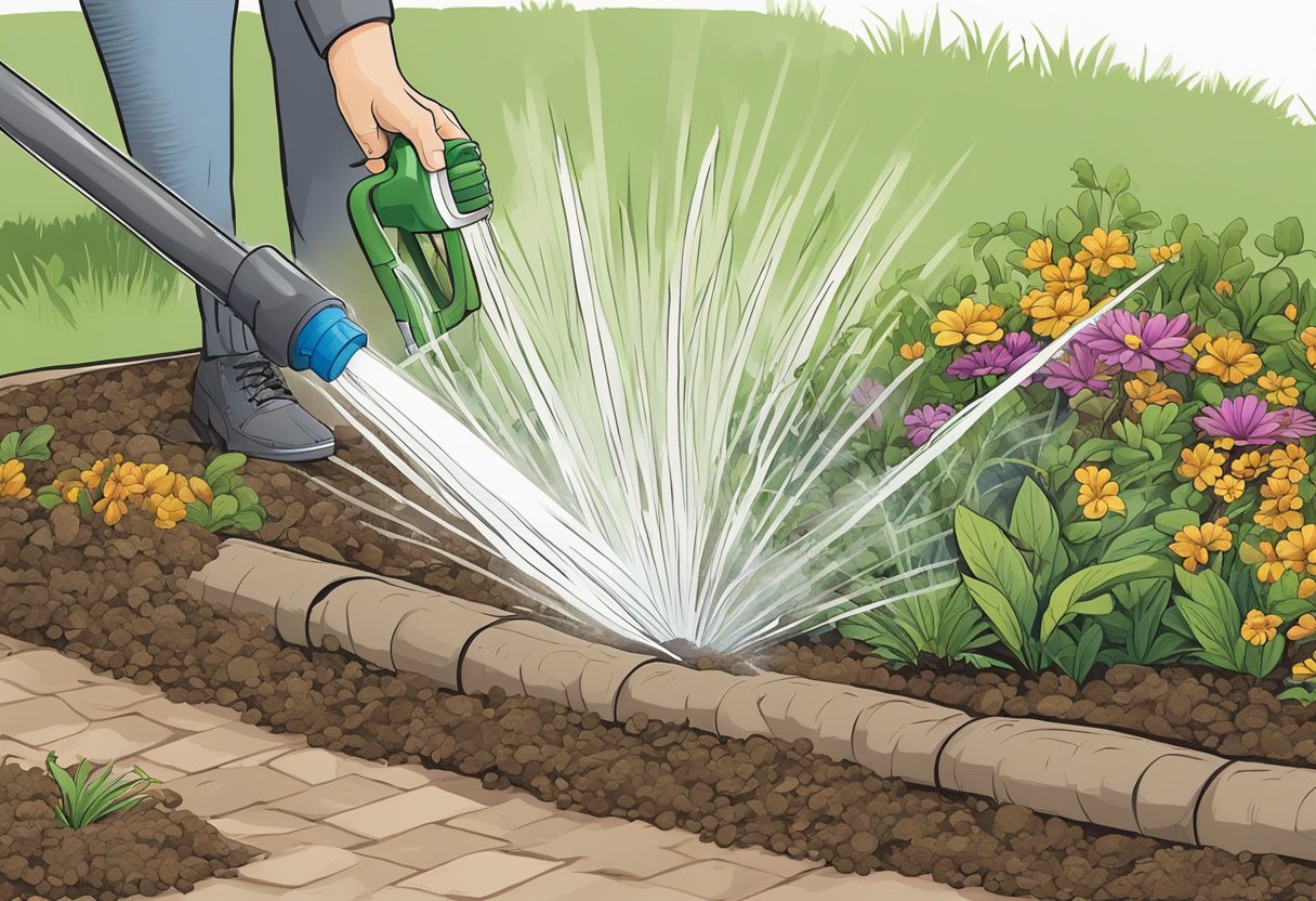 A garden hose sprays mulch onto a flower bed