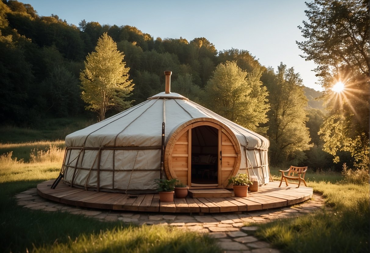 A yurt sits in a tranquil natural setting, surrounded by greenery and under a clear blue sky. The sun shines down, casting a warm glow on the traditional circular dwelling