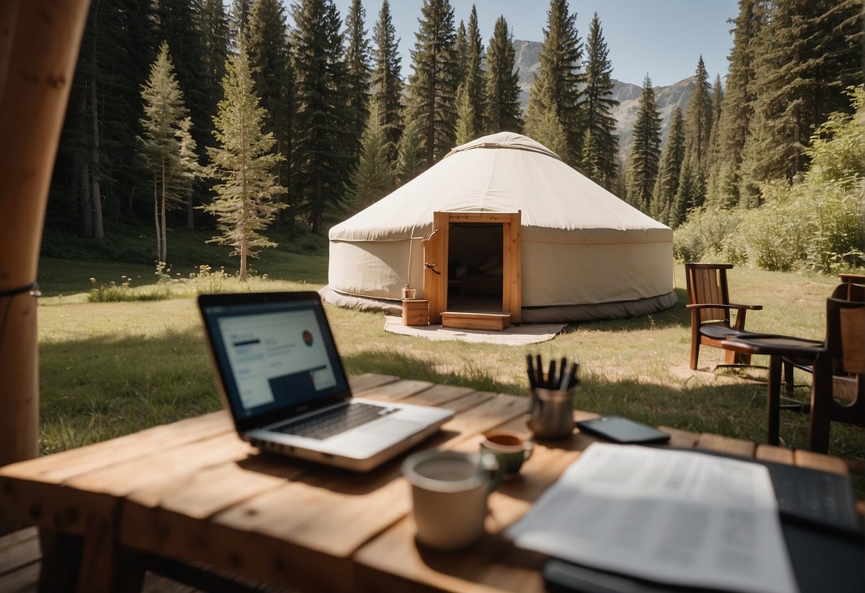 A yurt sits in a tranquil setting, surrounded by nature. A person discusses financing options with a financial advisor, while a laptop and paperwork are spread out on a table