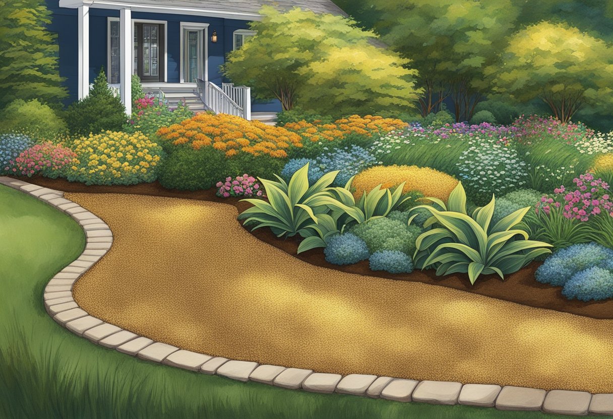 A garden bed covered in shimmering gold mulch, reflecting sunlight and retaining moisture. Plants thrive in the nutrient-rich soil, surrounded by the luxurious and eye-catching color of the mulch
