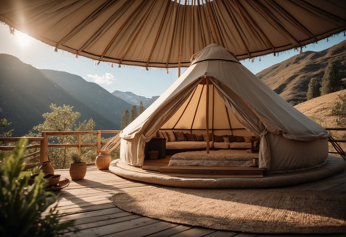 The scene shows a yurt set up in a serene natural environment, with a focus on the structure's unique design and practical features. The illustration should convey a sense of affordability and the potential for financing options