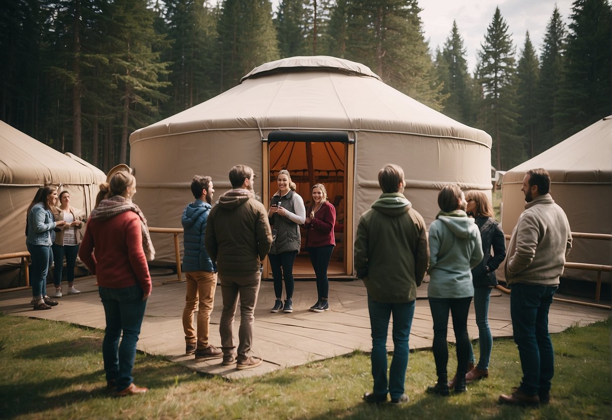 A yurt surrounded by curious onlookers, with a sign reading "Frequently Asked Questions: Can you finance a yurt?" displayed prominently