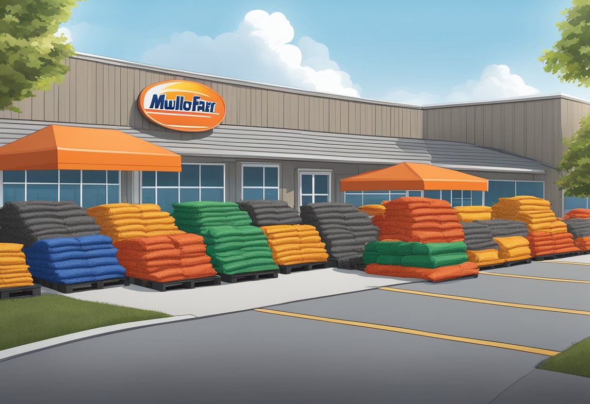 A pallet of colorful mulch bags stacked neatly in front of a Fleet Farm store, surrounded by gardening tools and equipment